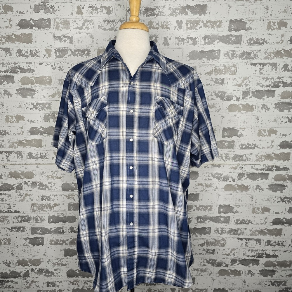 Ely Cattleman Shirt Mens XXL Blue Plaid Short Sleeve Pearl Snap Button Long Tail